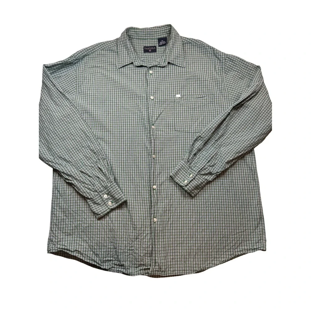 Nautica Jeans Company Mens XXL Green White Plaid Long Sleeve Button Down‎ Shirt